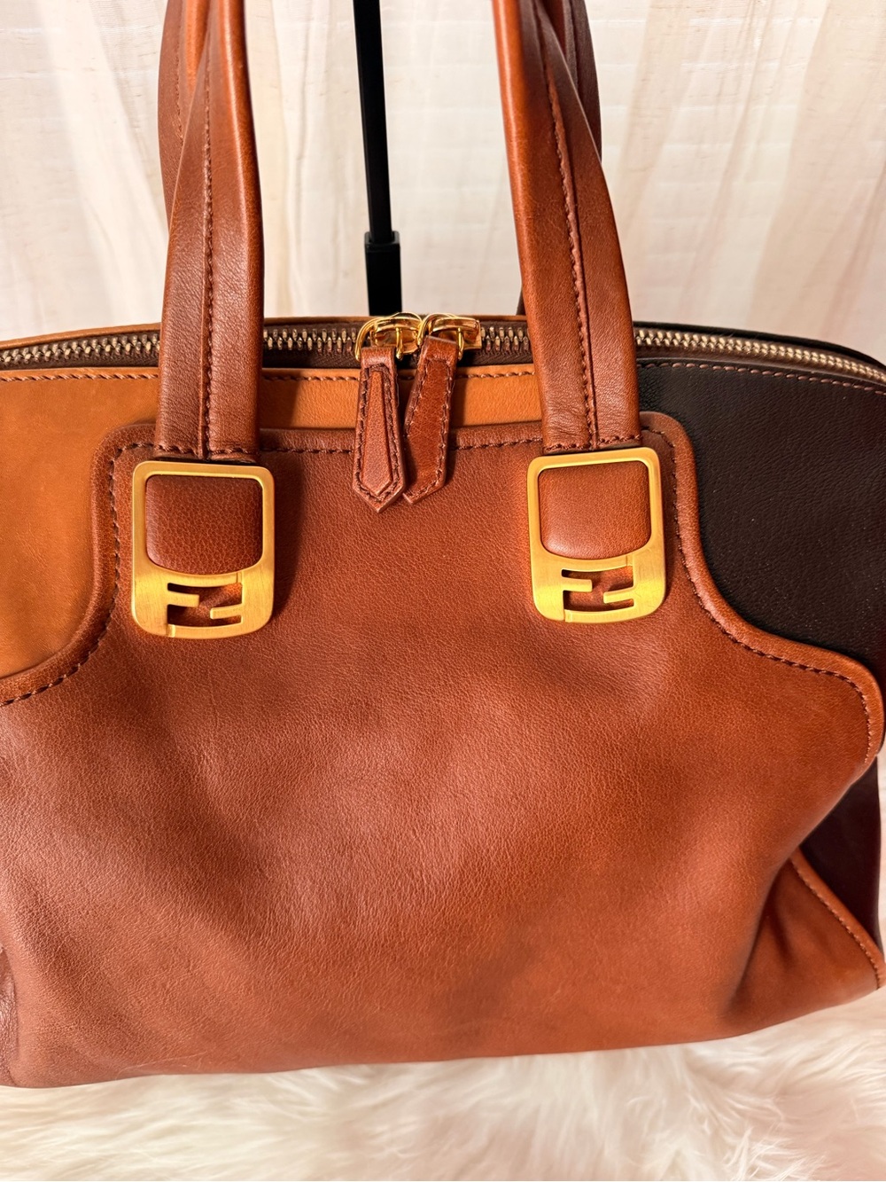 Fendi Two-Tone Brown Dark Brown and Black Leather Satchel with Gold Accents - Picture 2 of 13